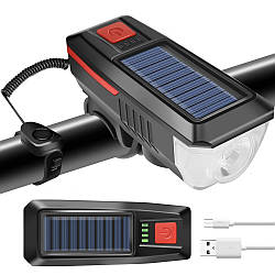 Велофара із сонячною батареєю та сигналом / Велоліхтарик акумуляторний / Ліхтарик на велосипед
