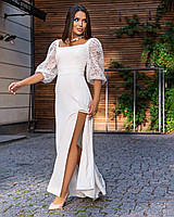 Нарядное женское длинное платье с пышными ажурными рукавами и разрезом по ноге Белый, 44