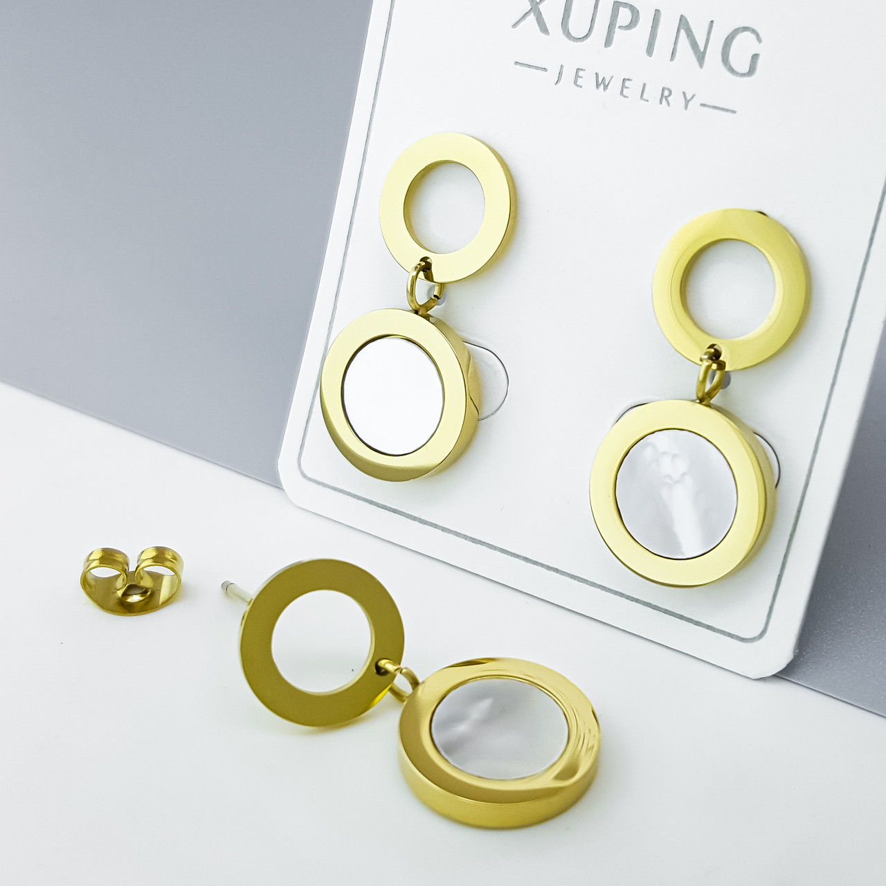 Сережки цвяшки "Два Круги" з перламутровою вставкою, медсталь Xuping stainless steel 12К