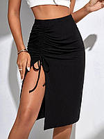 Летняя черная трикотажная юбка в рубчик з разрезом длины миди 42-44