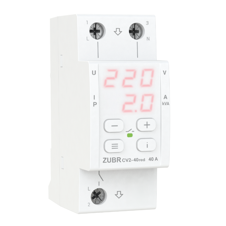 Реле напруги з контролем струму Zubr однофазне на 2 модулі CV2-40 red, фото 1