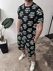 Чоловічий літній костюм із принтом напис чорний, комплект шорти та футболка. Літні комплекти