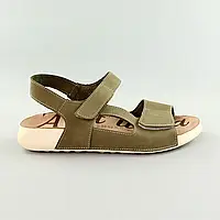 Жіночі зручні літні сандалі-босоніжки хакі з липучками,олива,натуральна шкіра нубук,комфортне жіноче взуття на літо