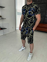 Чоловічий літній костюм із принтом чорний, комплект шорти та футболка. Літні комплекти