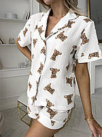 Нежная женская белая пижама шорты и рубашка с коротким рукавом из воздушного муслина