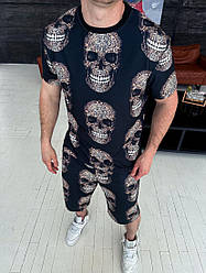 Чоловічий літній костюм із принтом череп чорний, комплект шорти та футболка. Літні комплекти
