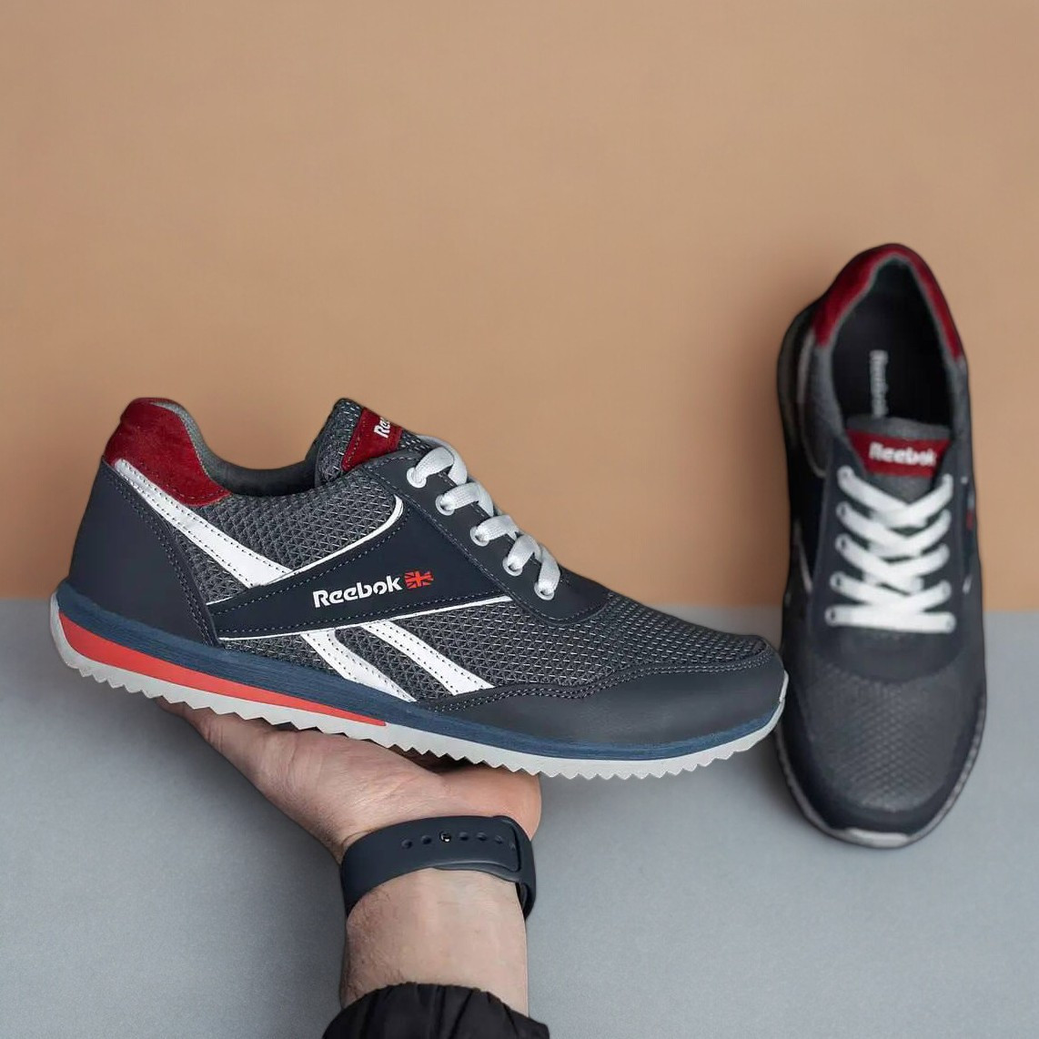 Чоловічі літні кросівки сірі (шкіра, сітка), кроси для чоловіків, чоловіче взуття на літо, розмір 40 41 42 43 44 45, фото 1