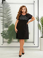 Женское летнее платье до колена черное свободного кроя с принтом "Versace" размеры батал 50/52, 54/56 (2366)