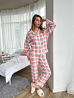 Женская уютная удобная пижама штаны и рубашка в серо-розовую клетку из нежного муслина