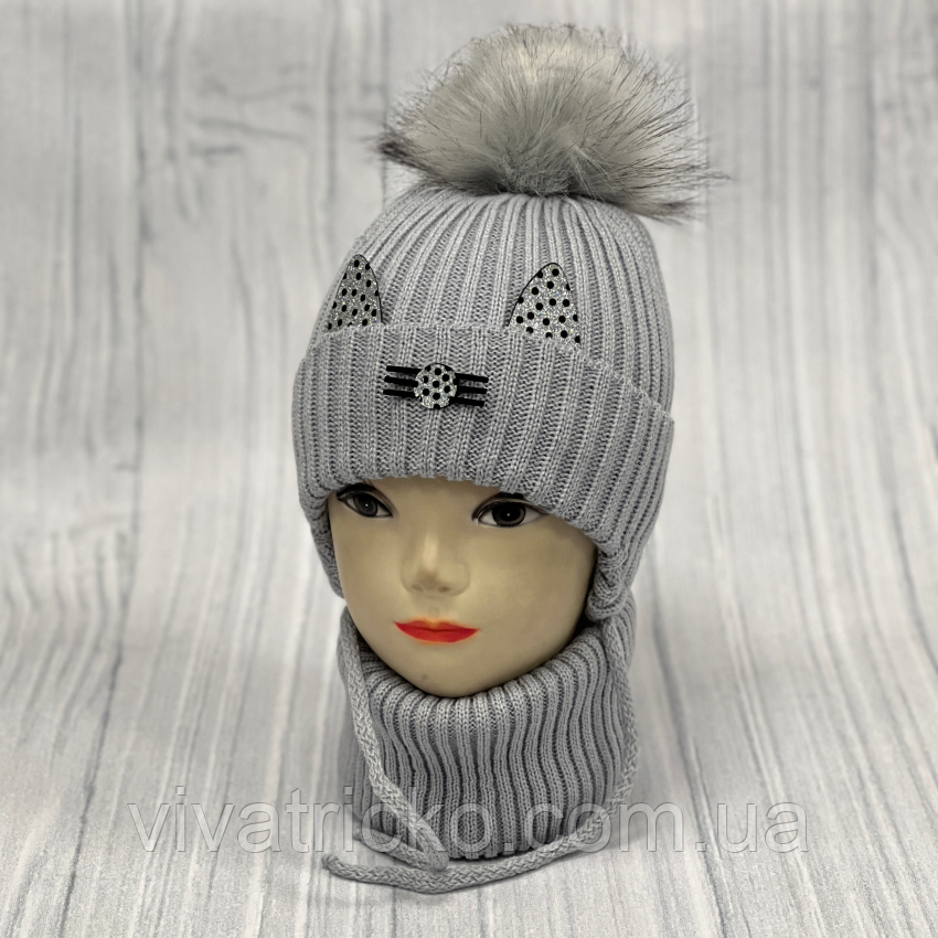 М 90012 Комплект для дівчинки: шапка на флісі з вушками і помпоном "КОТИК" і хомут, 1-5 років, різні кольори, фото 1