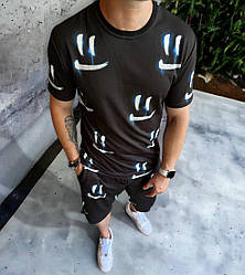 Чоловічий літній костюм із принтом чорний, комплект шорти та футболка. Літні комплекти