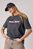 Трикотажная футболка с надписью Miu Miu - темно-серый цвет, M (есть размеры) KOMFORT