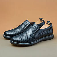Мужские летние мокасины кожаные (натуральная кожа, перфорация) чёрные, мужские летние туфли, размер 40-45
