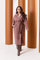 Женское пальто из кашемира на подкладке с поясом цвета капучино р.48/50 376112