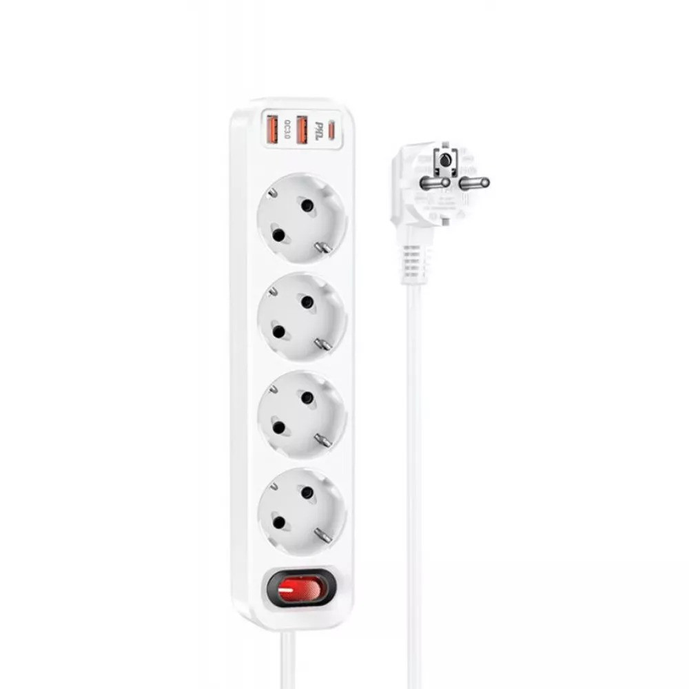 Мережевий фільтр подовжувач HOCO NS1 на 4 розетки з євровилкою USB Type-C для побутової техніки Білий