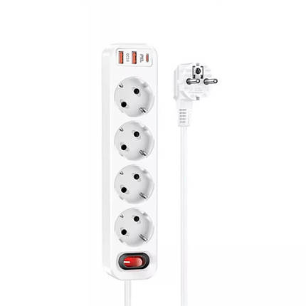 Мережевий фільтр подовжувач HOCO NS1 на 4 розетки з євровилкою USB Type-C для побутової техніки Білий, фото 1