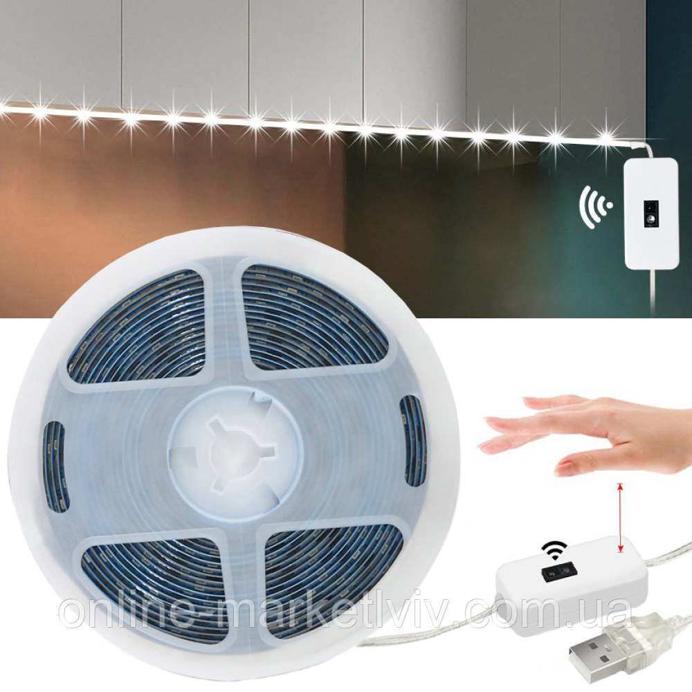 Світлодіодна стрічка 3м, від USB, з датчиком руху, Холодний білий / Неонова LED стрічка / Підсвічування в кімнату