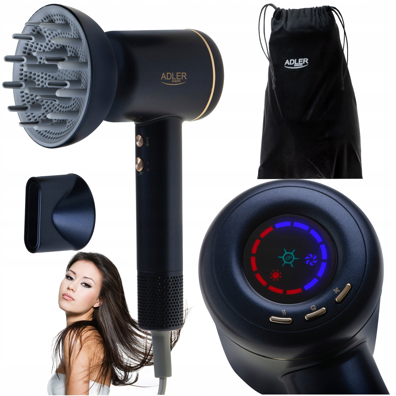 Професійний фен Adler AD 2270 Black — 1600 Вт, безщітковий двигун, іонізація, LED-дисплей, фото 1