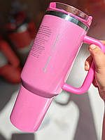 Термокружка Stanley Starbucks 1200 мл рожева з блискітками с ручкой и трубочкой подарок жене дочке старбакс