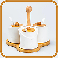 Сервировочный набор для соусов и конфитюра с ложками на бамбуковой подставке 3 шт тарелка плоская фарфор
