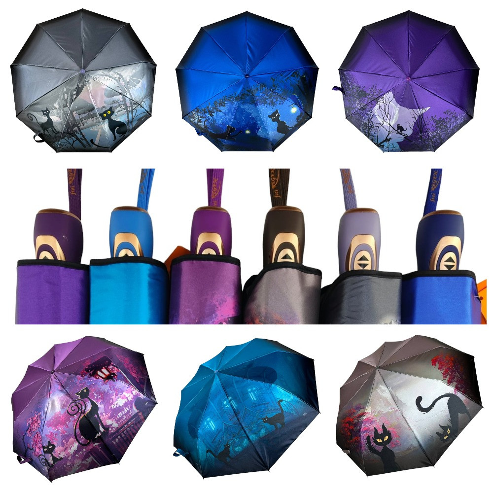 Оптом Жіноча парасоля автомат із зображенням нічного міста та чорної кішки від Frei Regen, 3056