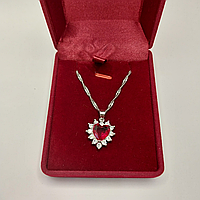 Колье "Сердце Рубин в серебре" кулон с цирконами на цепочке оригинальный подарок девушке в бархатной коробочке
