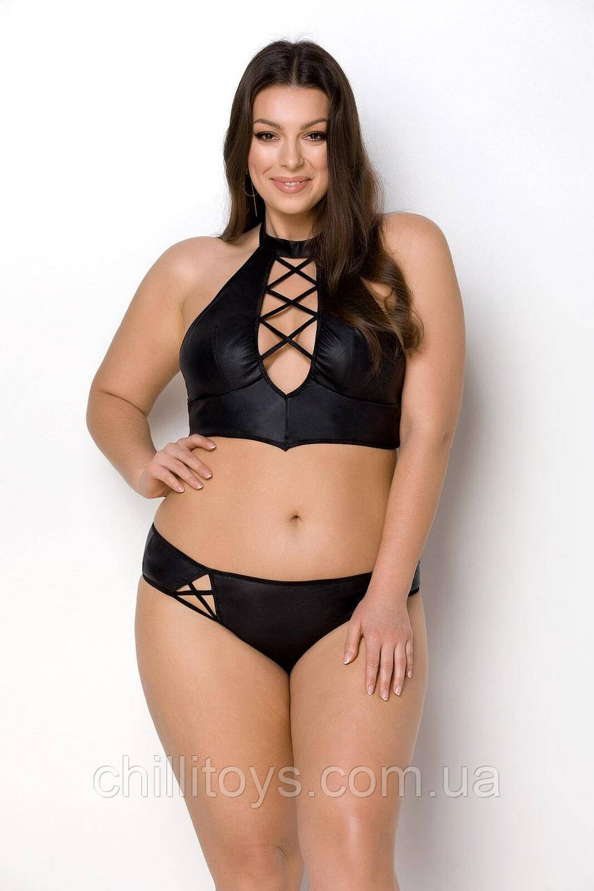 Комплект з екошкіри Passion Nancy Bikini 4XL/5XL black, бра та трусики з імітацією шнурівки SO7102