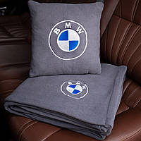 Подушка и плед в машину с логотипом BMW, флисовый набор Серый