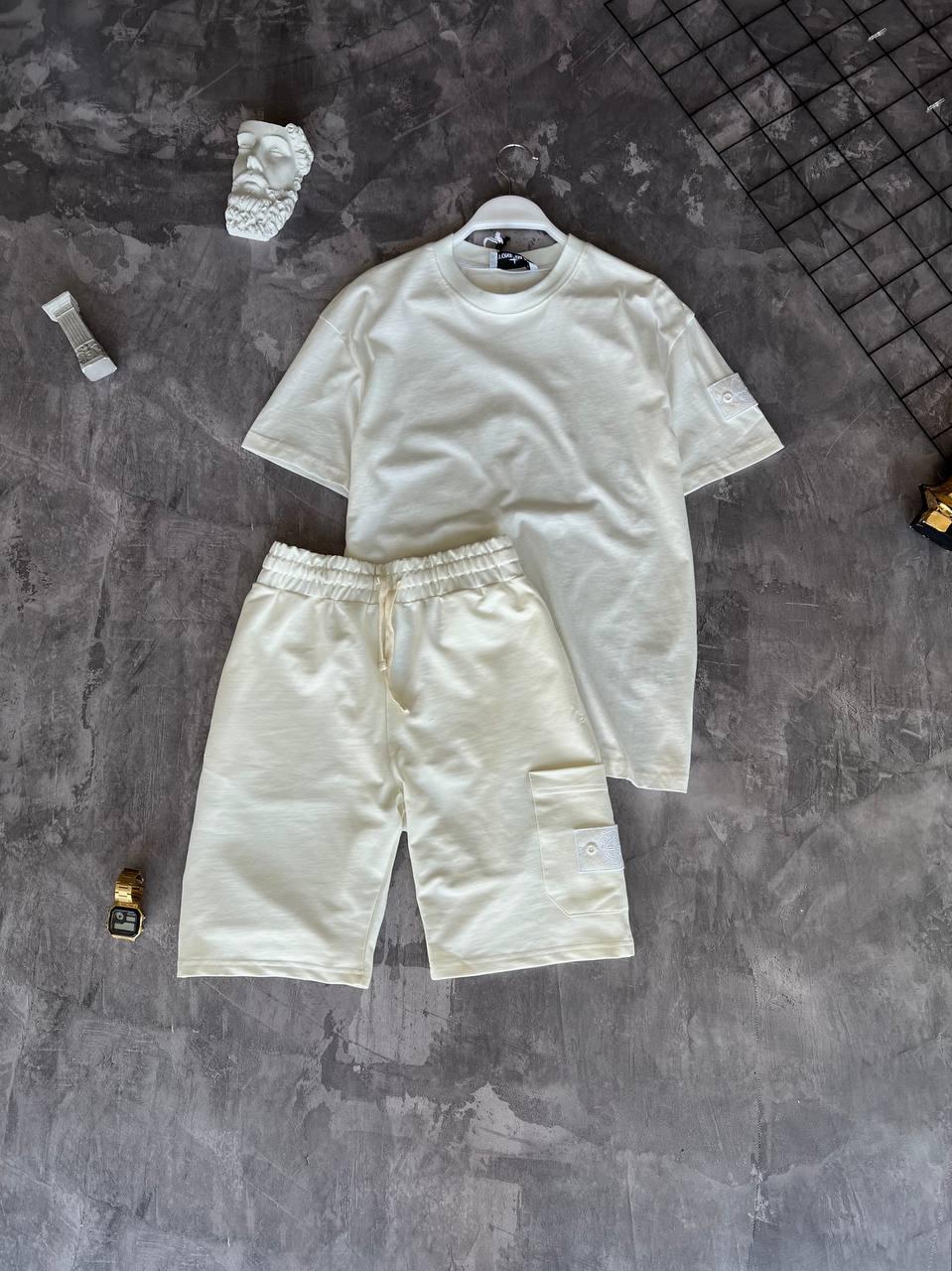 Чоловічий літній костюм Stone Island Футболка + Шорти молочний із патчем Стон Айленд на літо