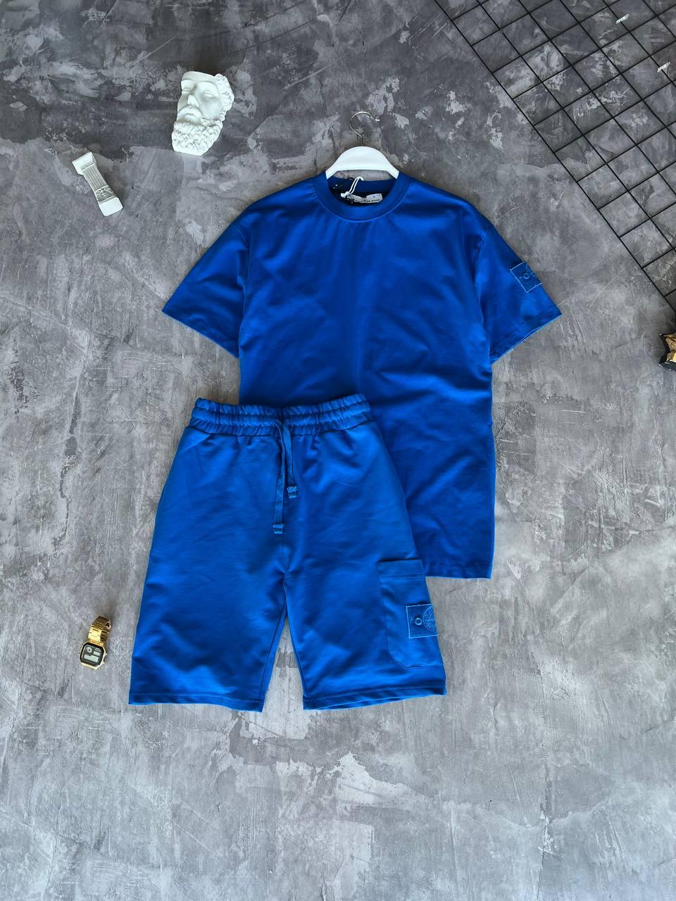 Чоловічий літній костюм Stone Island Футболка + Шорти синій із патчем Стон Айленд на літо