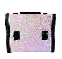 Кейс для визажиста чемодан мастера бьюти кейс для косметики парикмахера выдвижные полки замок Листики розовый