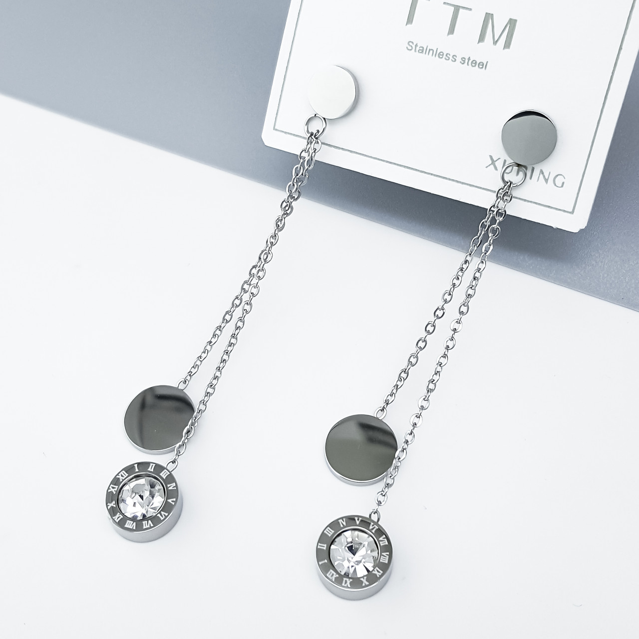 Сережки цвяшки "Монетки" зі вставкою цирконію, медсталь Xuping, stainless steel, родій