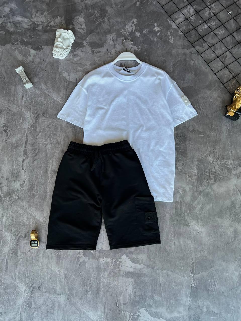 Чоловічий літній костюм Stone Island Футболка + Шорти чорно-білий із патчем Стон Айленд на літо