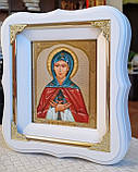 Ікона Свята Аполінарія в білому дерев'яному фігурному кіоті під склом, розмір кіота18*16,сюжет 10*12, фото 2