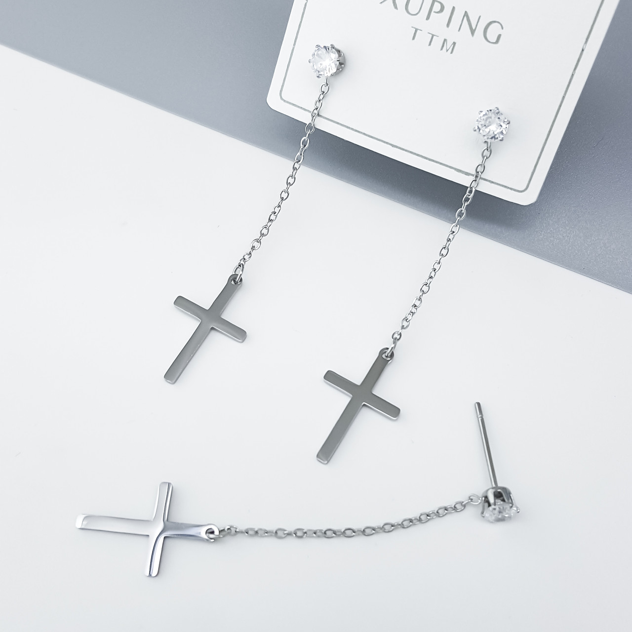 Сережки цвяшки "Хрестики" з цирконієм, медсталь Xuping, stainless steel, родій