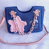 Трендовая сумка багет з fashion деталями y2k, темный джинс розовая звезда, цепочка