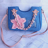 трендовая сумка з fashion деталями y2k, голубой джинс розовая звезда, цепочка