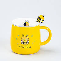 Чашка с крышкой и ложкой 450 мл керамическая "Пчелка" Желтая