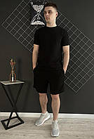 Мужской летний спортивный костюм черный однотонный двойка , Черный базовый комплект на лето футболка и шорты
