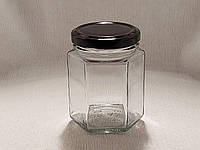 Банка скляна 196 мл шестигранна з чорною кришкою (33 штуки)