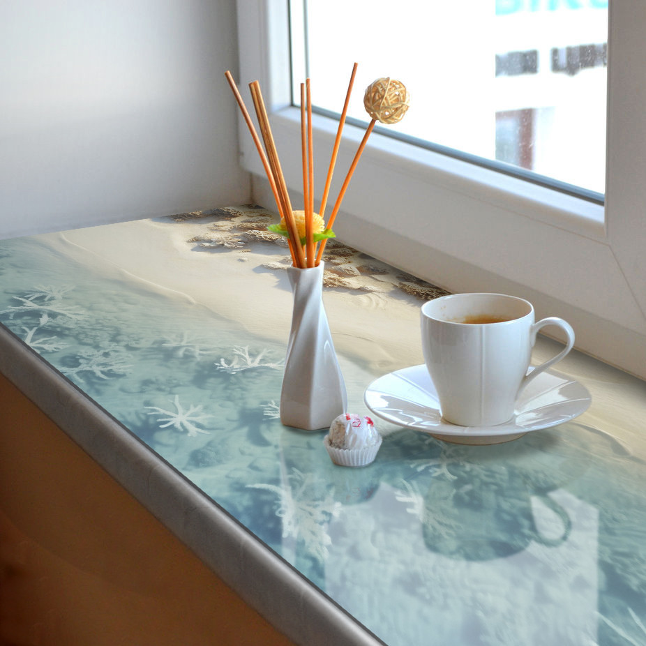 Покриття для підвіконня, м'яке скло з фотодруком Кораловий берег 35х100 см ПО-tx374