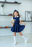 Костюм - двойка детский подростковый школьный, жилетка, юбка - солнце, школьная форма, Синий, 110-164