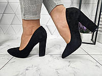 Женские туфли лодочки на толстом высоком каблуке экозамшевые черные