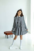 Костюм тройка детский подростковый для девочки, жилет пиджак, юбка - солнце, школьная форма, Гусиная лака, 110-164