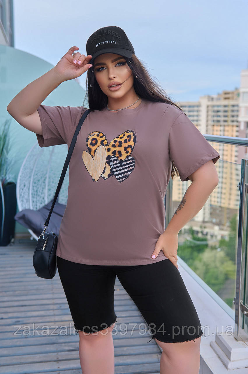 Жіноча футболка з принтом серце на грудях, висока якість, кулір бавовна, літо, великого розміру | Батал, фото 1