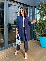 Костюм женский синий тройка офисный брюки кардиган белая блуза большого размера 48-58. 109056