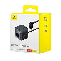 Мережевий зарядний пристрій BASEUS GaN5 PowerCombo Cube Power Strip 3AC+2U+2C 30W Black, фото 3