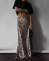 Женская летняя атласная юбка в длине макси с леопардовым принтом размер 42-44, 44-46