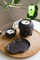 Комплект Дзен с соевыми аромасвечами в кашпо из гипса в черном цвете ручной работы с подставкой для благовоний