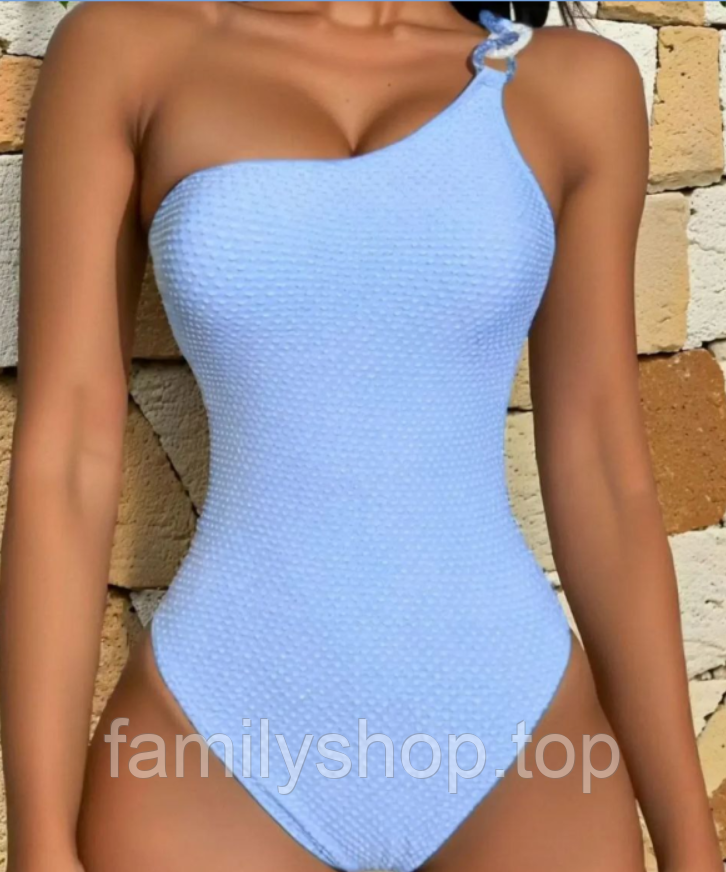 Гарний суцільний купальник на одне плече суцільний бразиліана з м'якою чашкою, блакитний, розмір S, M, фото 1